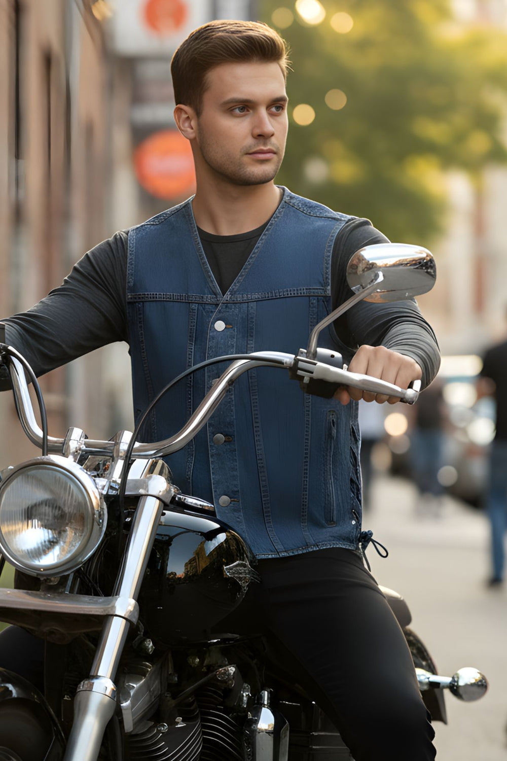 Man in a blue vest sitting on a motorcycle in an urban setting