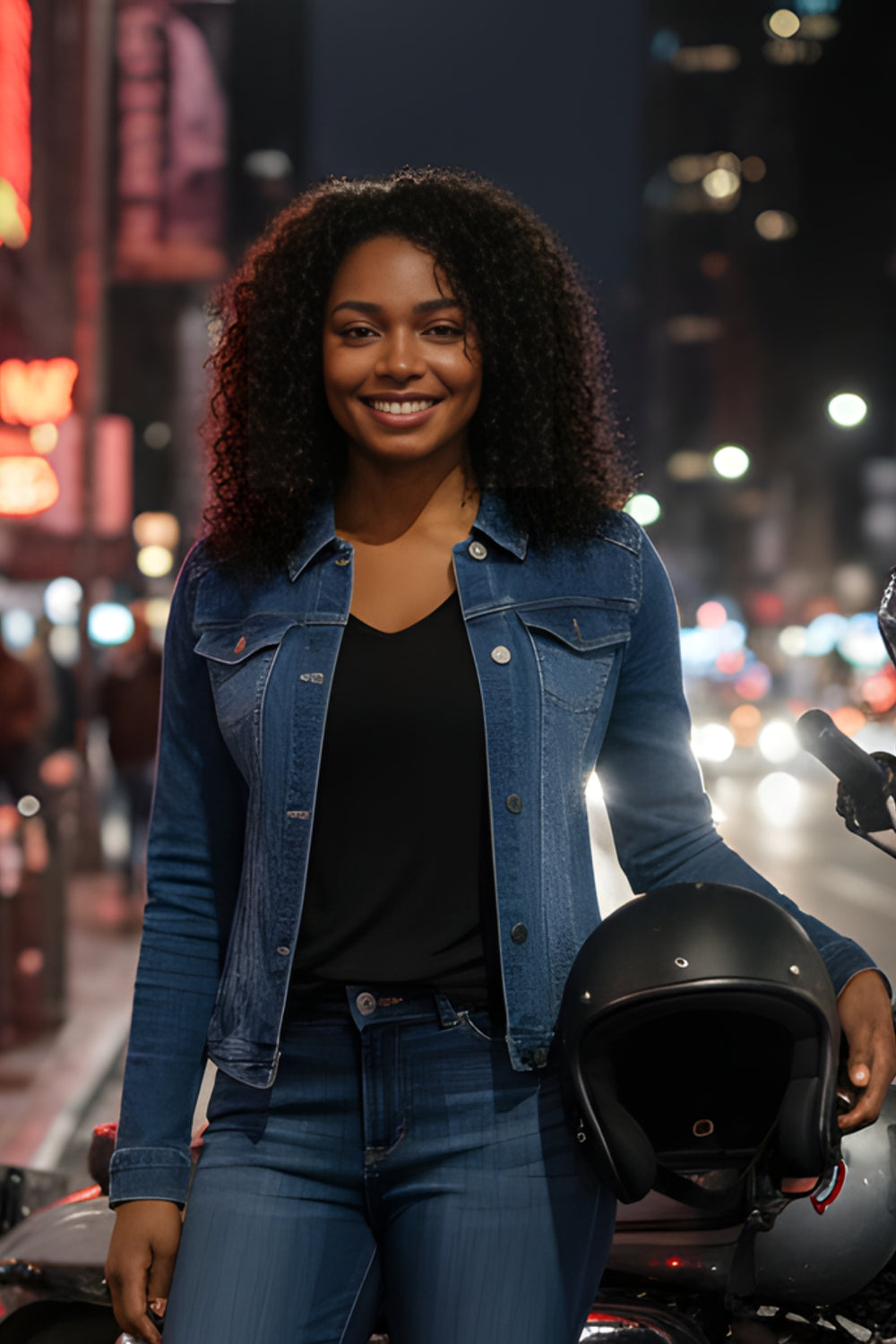 Woman standing on a city street at night with a helmet, wearing a denim jacket.