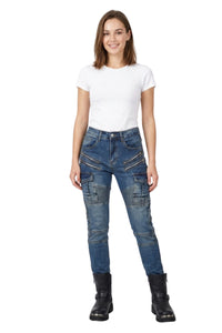 Woman wearing blue jeans and a white t-shirt on a white background