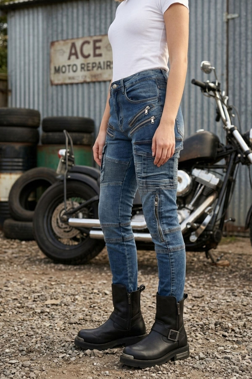 Person wearing blue jeans and black boots standing in front of a motorcycle and garage.