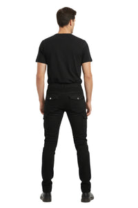 Man wearing black t-shirt and black pants on a white background