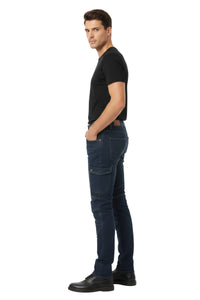 Man wearing dark blue jeans and a black t-shirt on a white background