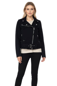 Woman wearing a black jacket on a white background