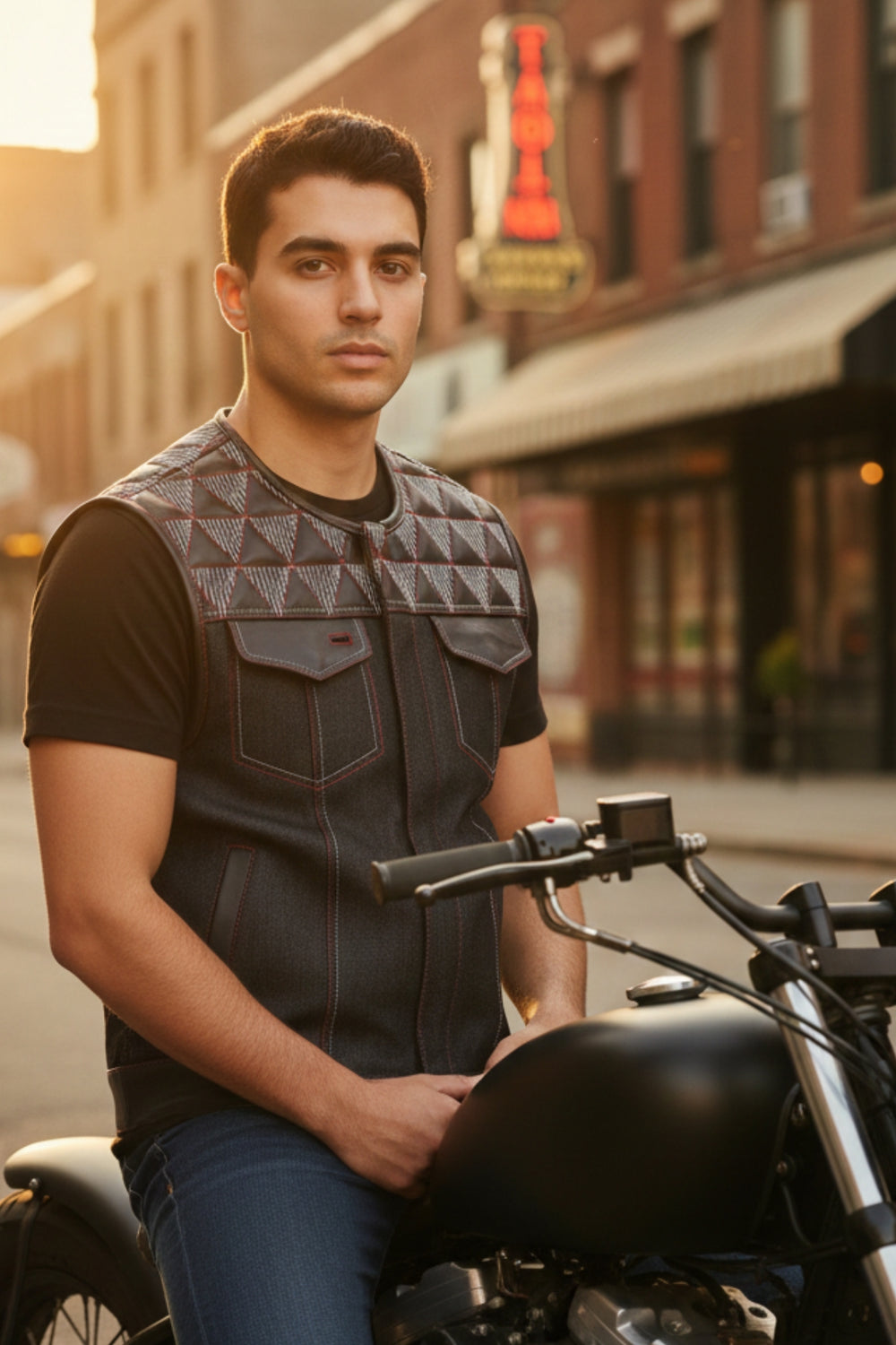 Man sitting on a motorcycle in an urban setting with buildings and neon signs in the background
