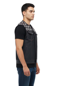 Man wearing a black quilted vest on a white background