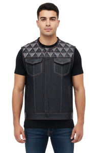 Man wearing a black vest with geometric pattern over a black shirt on a white background