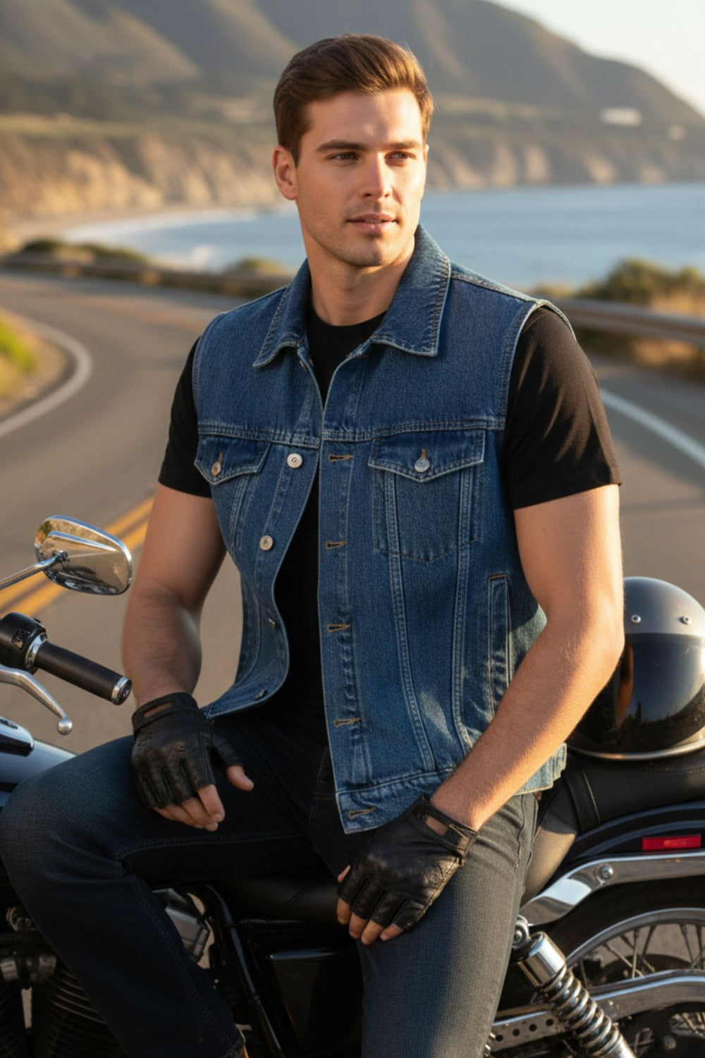 Man in a denim vest sitting on a motorcycle by a scenic road.