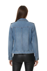 Blue denim jacket worn by a person on a white background