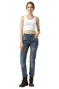 Woman wearing a white tank top and blue jeans on a white background