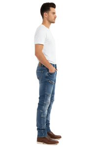 Man wearing blue jeans and a white t-shirt on a white background