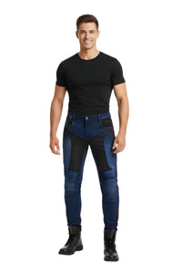 Man wearing black t-shirt and blue riding pants on a white background