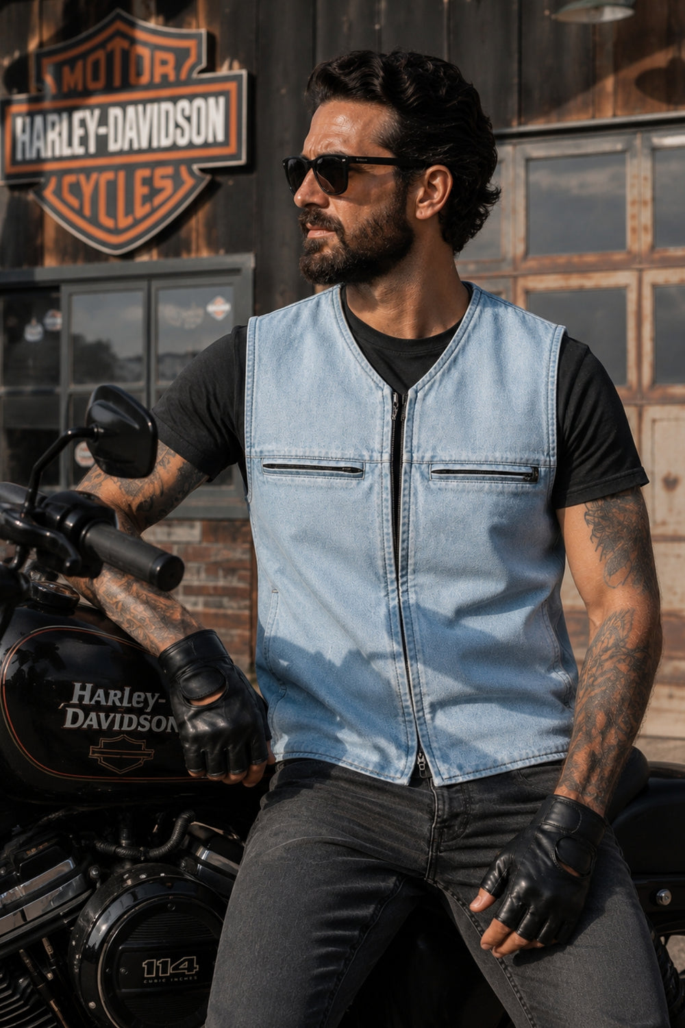 A man wearing a light blue denim vest over a black t-shirt and sunglasses, sitting on a black Harley-Davidson motorcycle in front of a rustic wooden building with a Harley-Davidson sign.