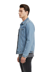 Man wearing a light blue denim jacket on a white background