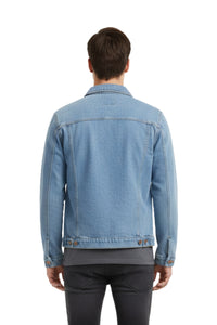 Man wearing a blue denim jacket on a white background
