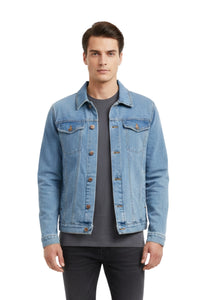 Man wearing a blue denim jacket on a white background