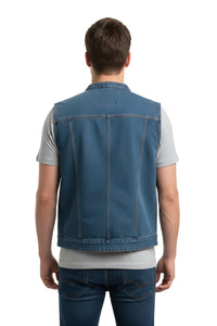 Man wearing a blue denim vest on a white background