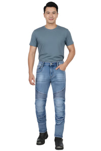 Man wearing a gray t-shirt and blue jeans on a white background