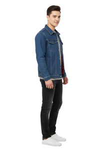 Man wearing a blue denim jacket on a white background