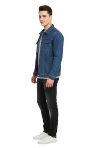 Man wearing a blue denim jacket on a white background