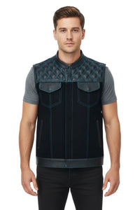Man wearing a black quilted vest on a white background