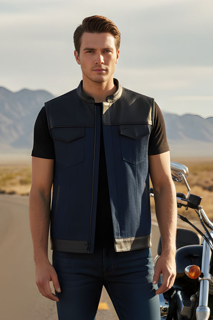 Bluewash Leather-Trim Denim Vest