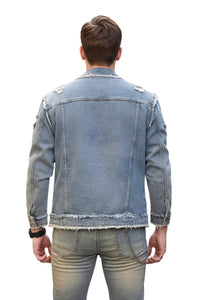Man wearing a blue denim jacket on a white background