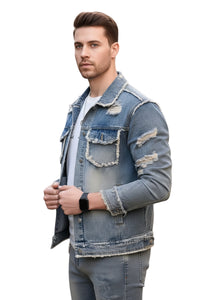 Man wearing a distressed denim jacket on a white background