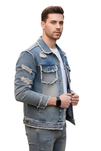 Man wearing a distressed denim jacket on a white background
