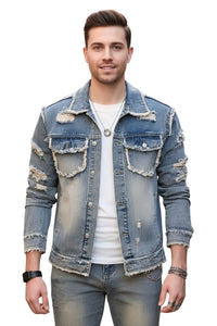 Man wearing a distressed denim jacket on a white background