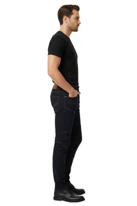 Man wearing black jeans and a black t-shirt on a white background
