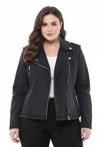 Woman wearing a black jacket on a white background