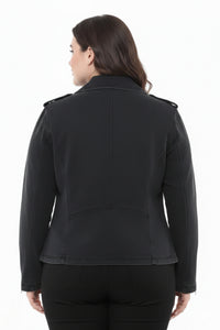 Black jacket worn by a person on a white background