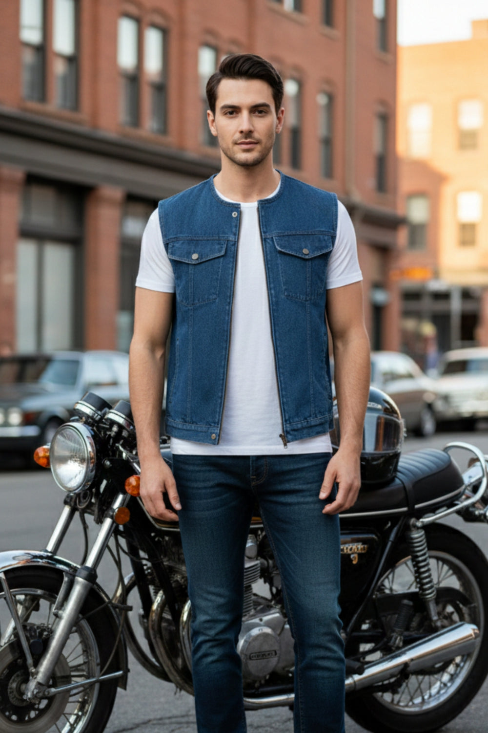Man standing next to a motorcycle wearing a denim vest and white shirt in an urban setting.