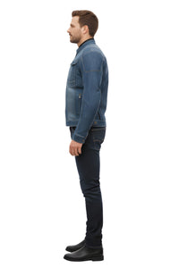 Man wearing a blue denim jacket and black pants on a white background