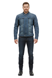Close-up of the Rider's Denim Jacket, featuring a denim exterior and practical pockets, with a sleek, modern design.