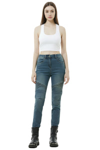 Woman wearing a white tank top and blue jeans on a white background