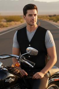 Man sitting on a motorcycle in a desert setting
