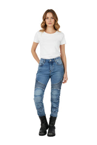 Woman wearing blue jeans and a white t-shirt on a white background