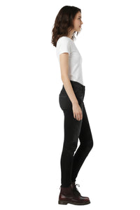 Woman wearing black pants and a white shirt on a white background