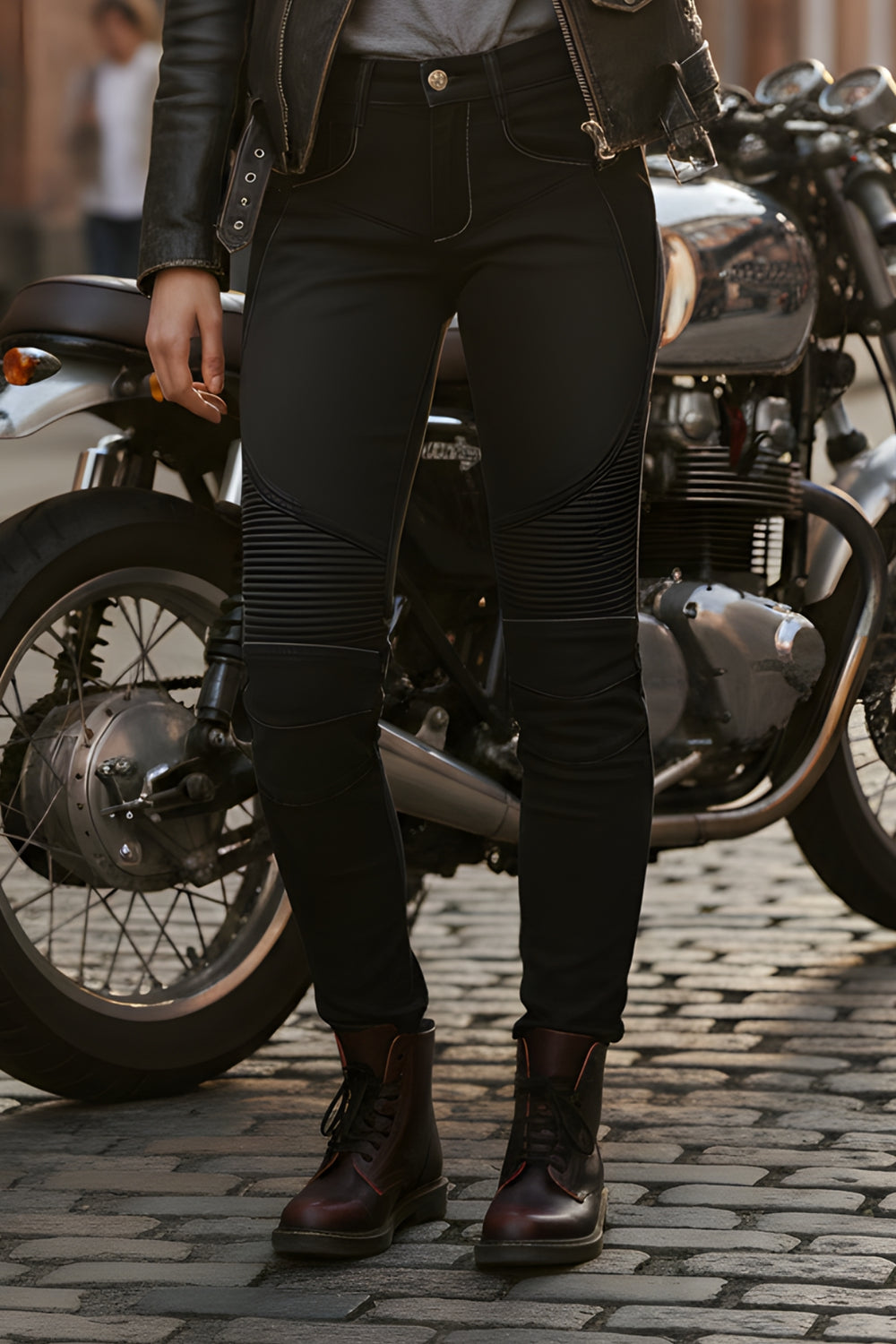 Person wearing black leather jacket, jeans, and boots standing next to a motorcycle on a cobblestone street.
