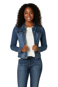 Woman wearing a blue denim jacket and jeans on a white background