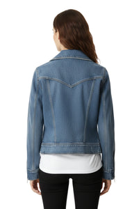 Denim jacket worn by a person on a white background