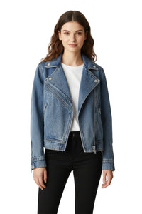 Woman wearing a blue denim jacket on a white background
